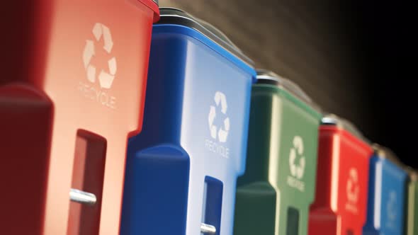 Colorful plastic garbage bins stacked in a row against a brick wall in a loop.