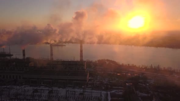 Industry Pipes Pollute the Atmosphere With Smoke. Aerial View