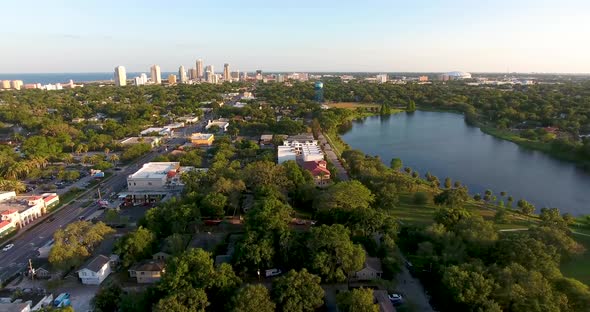 4K Aerial Panning Video of Downtown St Petersburg from Crescent Lake Park