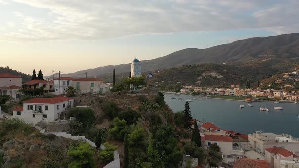 Aerial View of Poros Old Town and Marina or Seaport Greece  Drone Videography