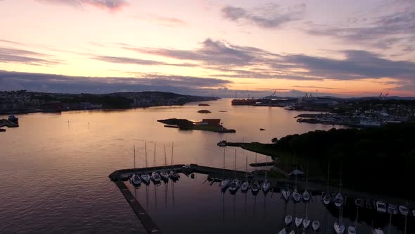 Yachts in the bay of Stavanger in the sunset, aerial view