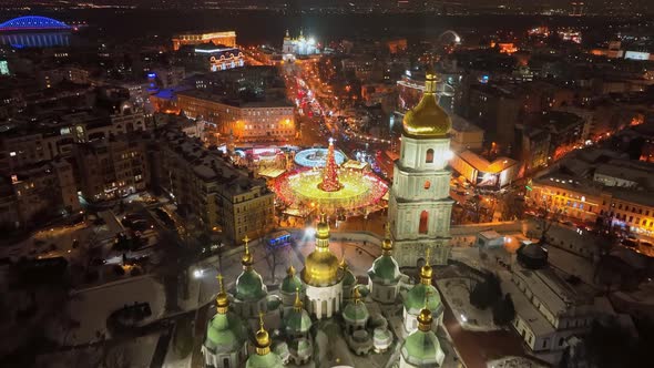 Aerial View of Night New Year Kiev Ukraine