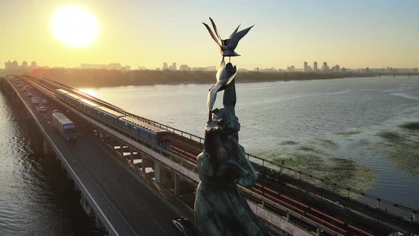 Metro Bridge in the Morning at Sunrise in Kyiv, Ukraine. Dnipro Station