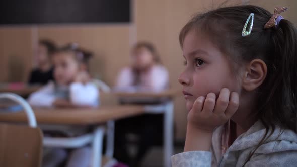 Focused Schoolgirl Listening To Teacher in Lesson