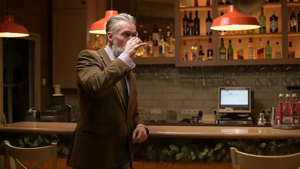 Lonely solid gray-haired adult man drinking whiskey alone at the bar