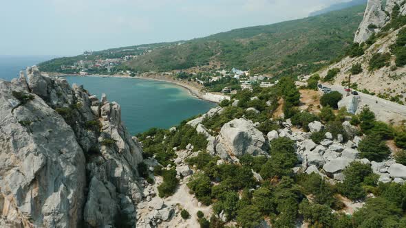 Aerial Reveal Video of Krylo Lebedya  Swan Wing and Blue Bay in Background