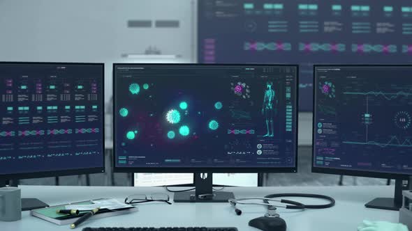 Scientific software analyses the covid-19 disease bacteria at the laboratory alt