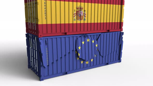 Container with Flag of Spain Breaks Container with Flag of the European Union alt