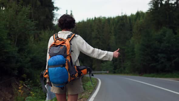 Girl Tourist Goes On Foot Hitchhiking Along The Highway Stopping Cars Showing A Sign Give A Ride