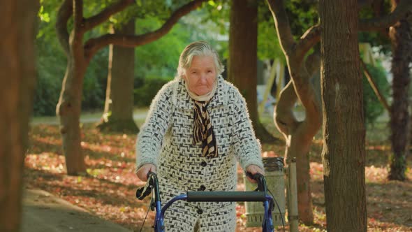 Grandmother Walks Around Park Using Wheelchair Walker