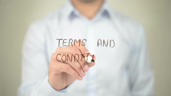 Terms and Conditions, Businessman Writing on Transparent Screen