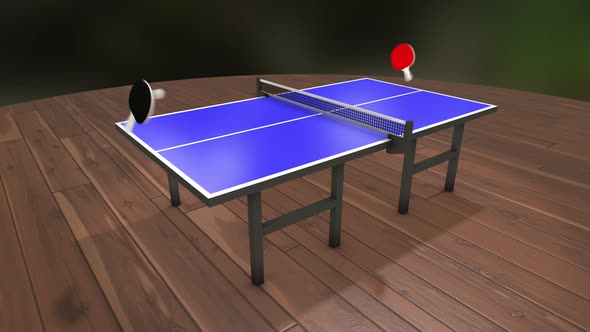 3D animation of table tennis game. Photorealistic racket hits ping pong ball across blue CGI table