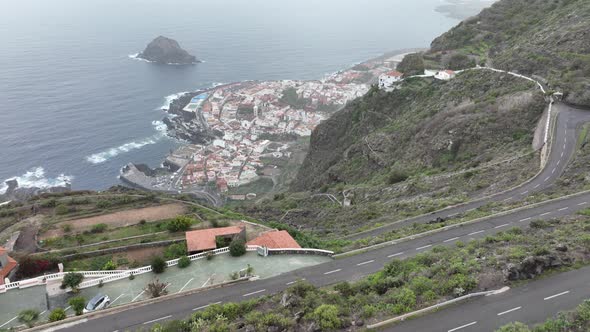 Aerial View of a Small Village Along the Coast and Sea on the Island of Tenerife Spain Europe