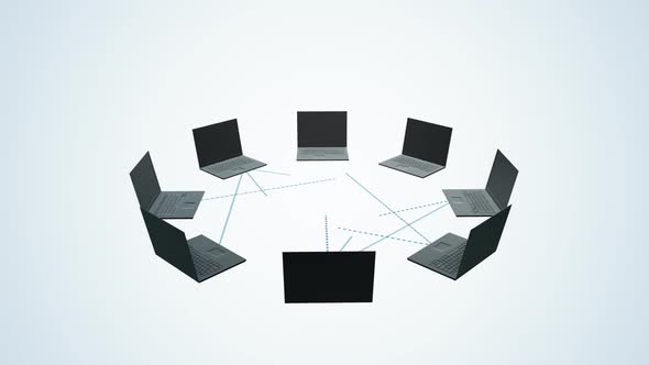 Cloud computing. Circle of notebooks connected to each other uploading data.