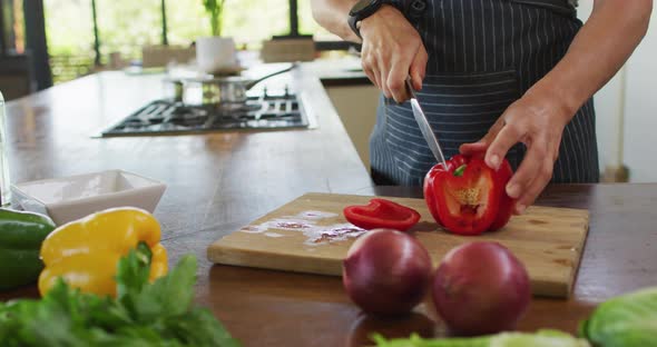 Midsection of caucasian pregnant woman wearing apron and cutting red pepper