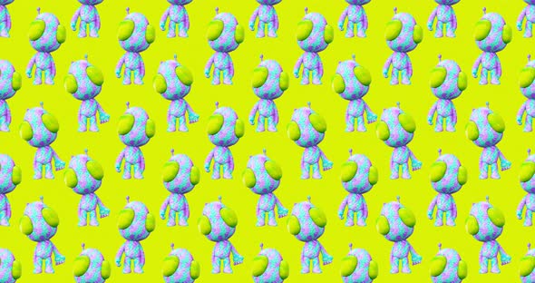 4k motion design. 3d animation seamless pattern. Funny alien in abstract space