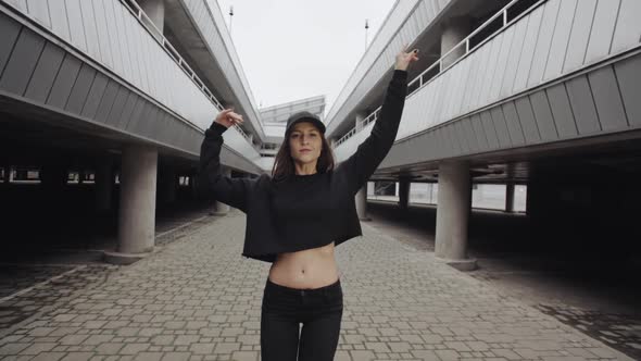 Young Woman Dancing, Perform Modern Vogue Dance with Hands in Parking Lot, Contemporary Freestyle