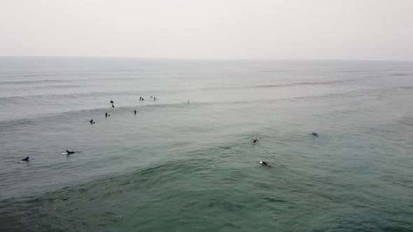 Aerial Circling View Over the Surfers in the Sea Paddling and Resting in Water Waiting for Waves