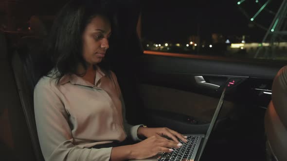 Woman Working On Laptop At Backseat