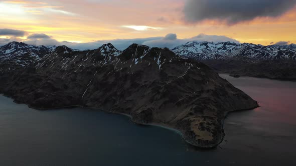 Aerial view of Dutch Harbour at sunset, Unalaska, Alaska, United States.