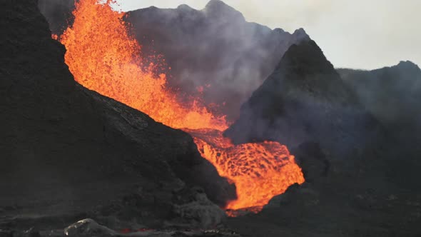 Lava Flow From Erupting Fagradalsfjall Volcano In Reykjanes Peninsula Iceland