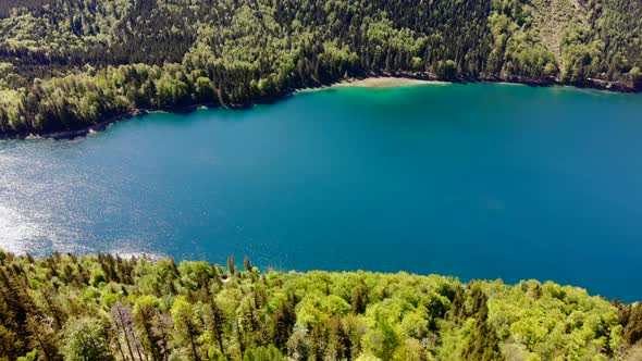 Beautiful view from the Signalkogel to the Lake Langbathsee and Mountains drone video