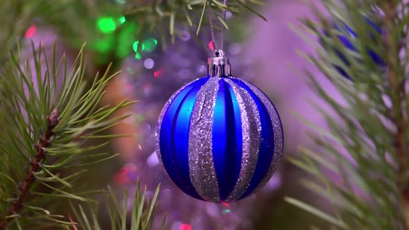 Christmas Tree Decorated with Blue Glass Ball on Christmas Spruce Branch on Background Bokeh of