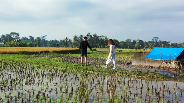 Young couple exploring organic rice fields under water and domestic animals of agricultural farm dur