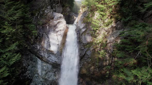 Rushing water streaming down the mountain to massive waterfall.