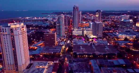 4K Aerial Nighttime Video of Downtown Waterfront of St Petersburg, Florida on 1st Street North