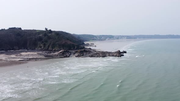 Rugged Coastline in Brittany, France, Aerial Pullback.