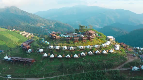 Aerial View of Camping Grounds and Tents on Doi Mon Cham Mountain in Mae Rim, Chiang Mai Province