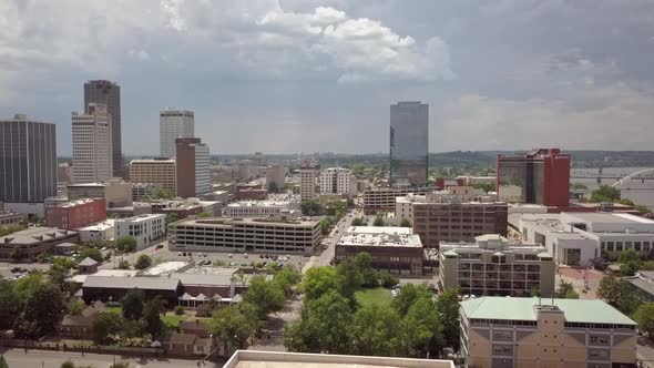 aerial downtown Little Rock, Arkansas. City skyline on a partly cloudy summer day.