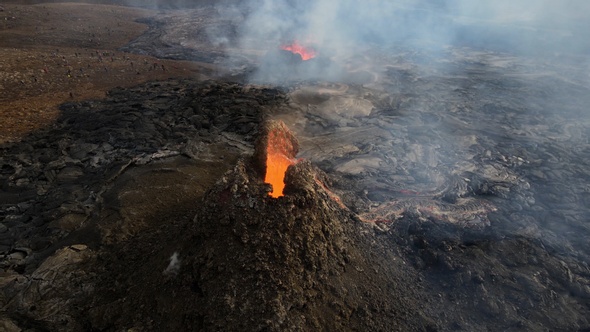 Aerial view Above lava eruption volcano, Mount Fagradalsfjall, Iceland