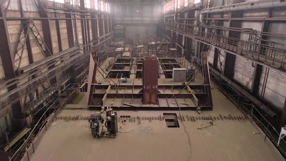 Huge Old Crab Vessel with Holes in Upper Deck in Dry Dock