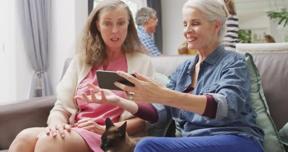 Animation of caucasian female senior friends using smartphone and talking on sofa