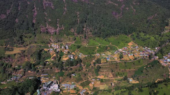 Aerial view of houses in countryside near Nuwara Eliya, Sri Lanka