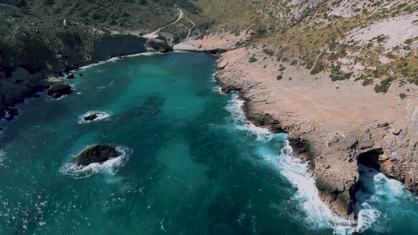 Beautiful mountain shoreline of Cala Figuera, Mallorca -Turquoise waters -Aerial