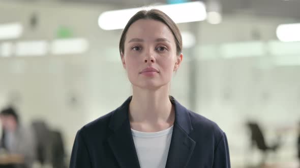 Portrait of Serious Young Businesswoman Looking at the Camera