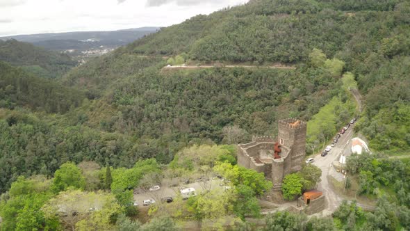 Aerial drone view of Lousa Castle and landscape in Portugal