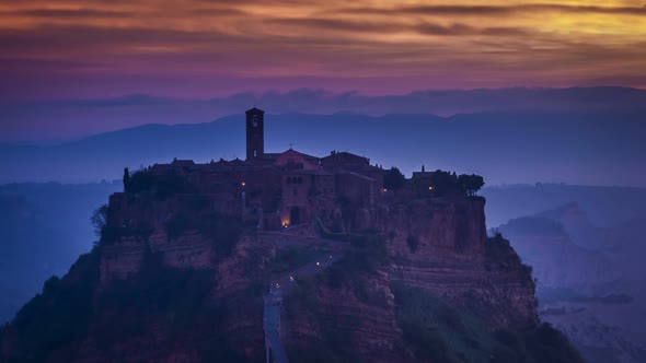 Dusk over Civita di Bagnoregio in Tuscany, Italy, 4k timelapse