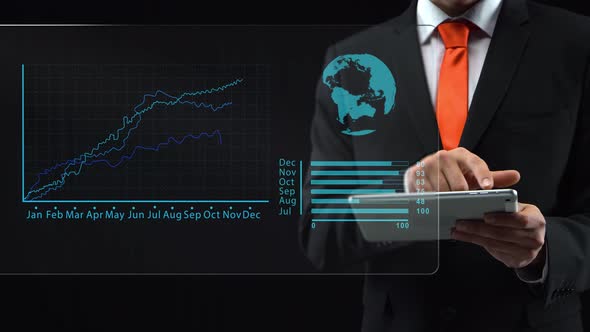Businessman Uses Holographic Interface, Drawing an Ascending Financial Chart. Display Logistics