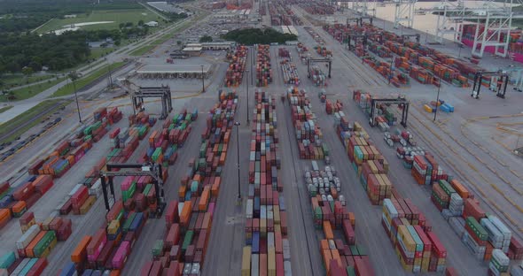 Aerial establishing shot of large shipping port in La Porte, Texas