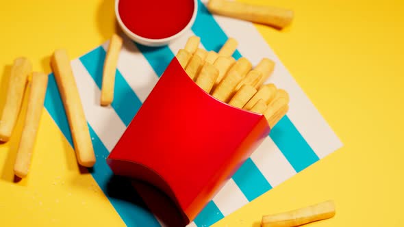 Aerial view of a tasty, crispy french fries in a red box with ketchup.Fast food.