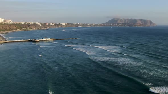 Panoramic View OfLa Rosa Nautica Restaurant With Scenic Blue Sea In Miraflores, Lima, Peru. - aeria