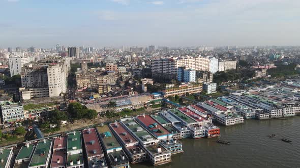 Aerial over cityscape and busiest port of Bangladesh i.e port of Dhaka.