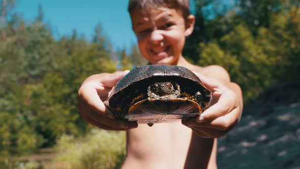 Boy Holds Turtle in Arms and Smiles Viciously on River with Green Vegetation