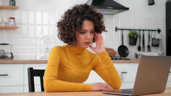 Tired Thoughtful Businesswoman Thinking About Solving Problem Works for Laptop