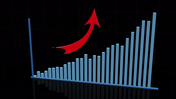 ascending blue volume histogram with red arrow