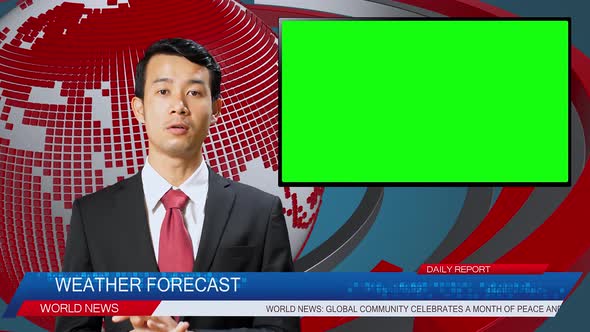 Live News Studio With Male Anchor Reporting On The Weather Forecast, TV Show Green Chroma Key Screen